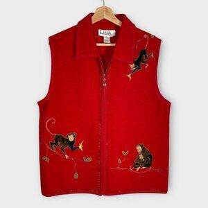Lisa International 100% Boiled Wool Vest 1X Red Monkey Theme EUC